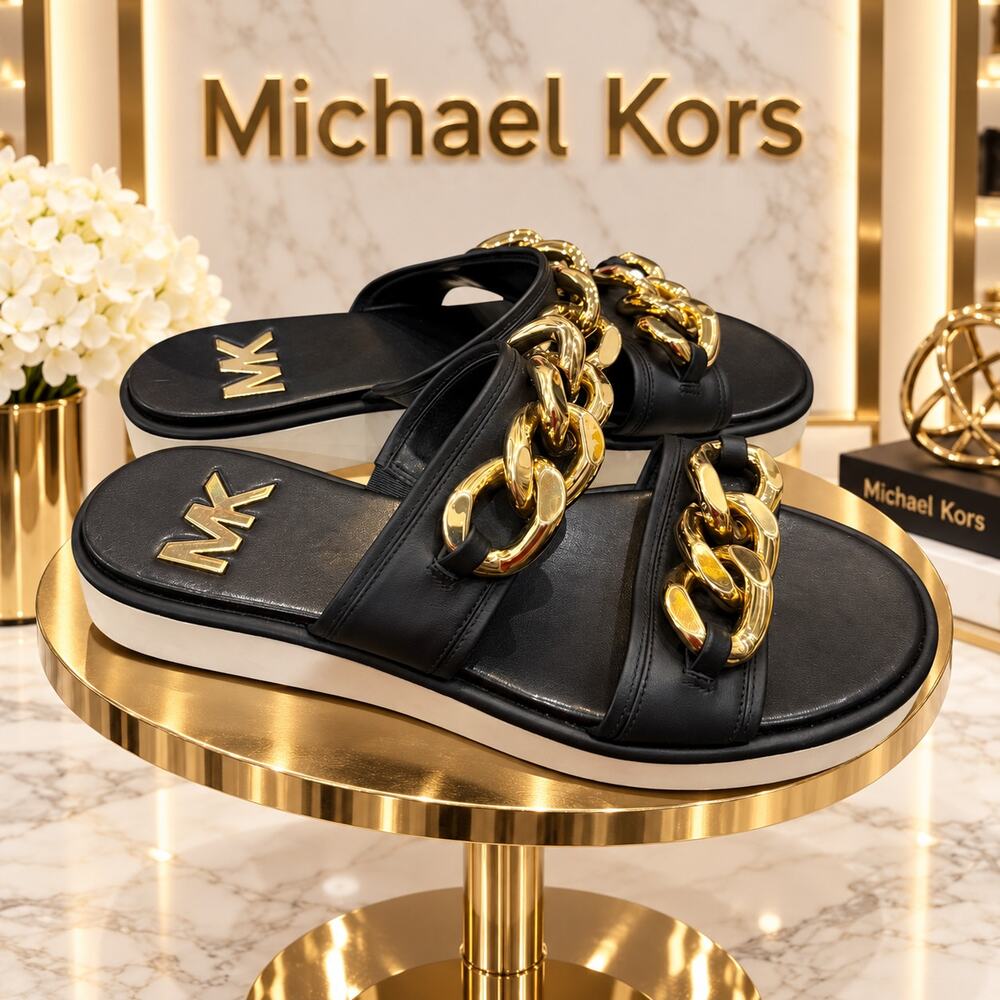 MICHAEL Michael Kors Scarlett Chain Link Leather Slides Black Gold Size 9M